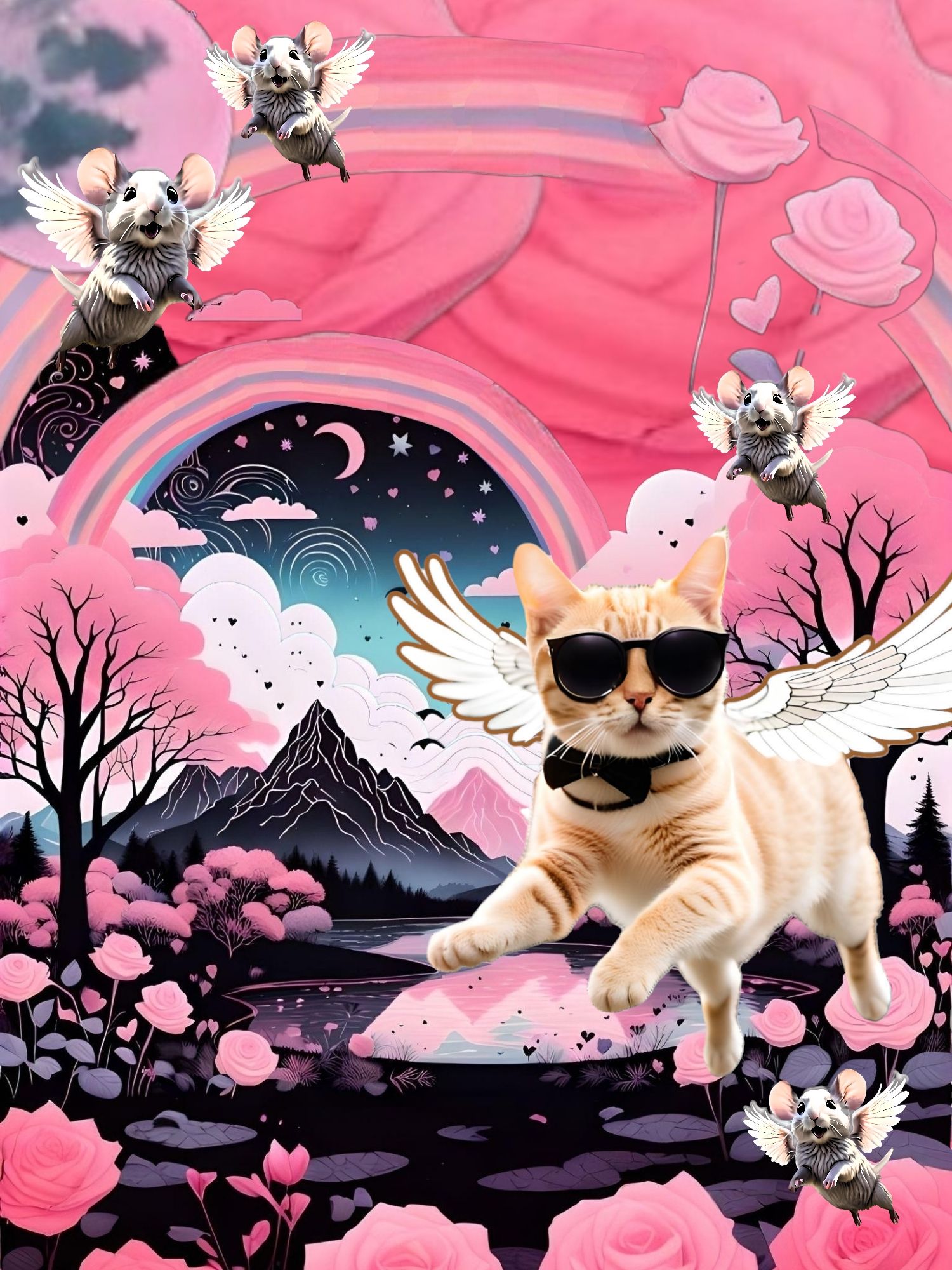 A cream colored cat with angel wings, wearing black sunglasses, jumping in the air, in a mystical garden with glowing alien roses. Beautiful...