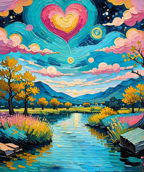 A large wide rainbow stretches across the sky in shades of PASTEL MAGENTA, PASTEL TURQUOISE, AND PASTEL ORANGE color scheme. A large heart s...