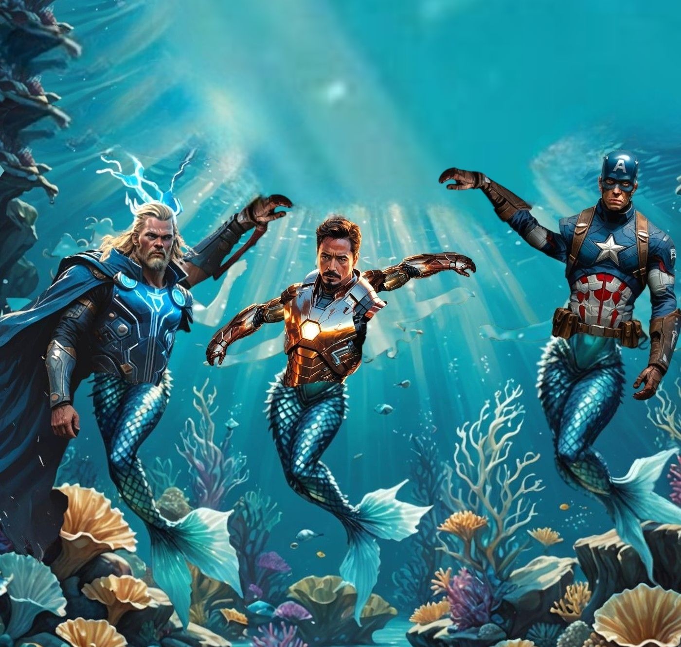 Thor, iron Man, and Captain America, dressed as merman, in an underwater dance. Thick oil paint and masterpiece, visibl+ûb5"to ,strokes, bot...