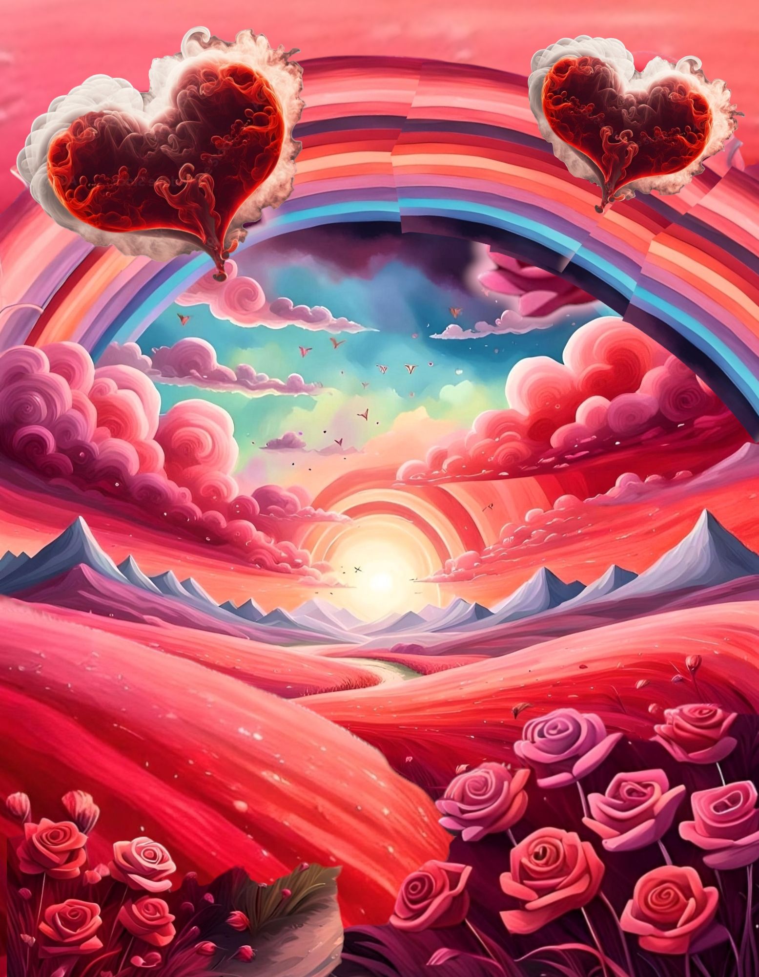Large heart-shaped psychedelic swirly clouds on a mystical sky with a rainbow in shades of CRIMSON AND GOLD stretching across the sky. Doves...