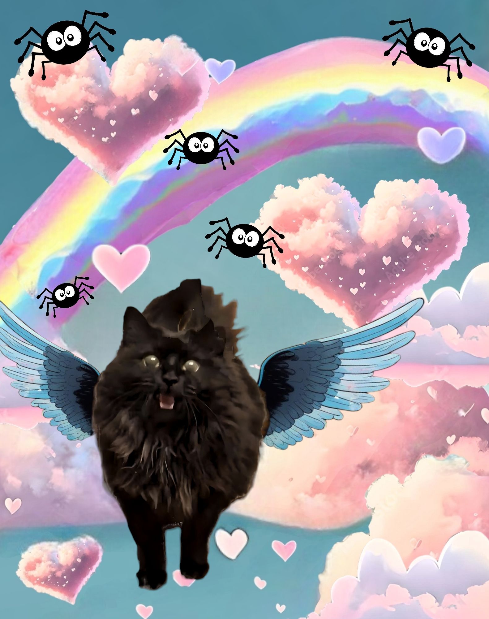 Extreme long shot of a long-haired black cat with green eyes and Angel wings flying in the air in with large cute angel spiders with wings,...