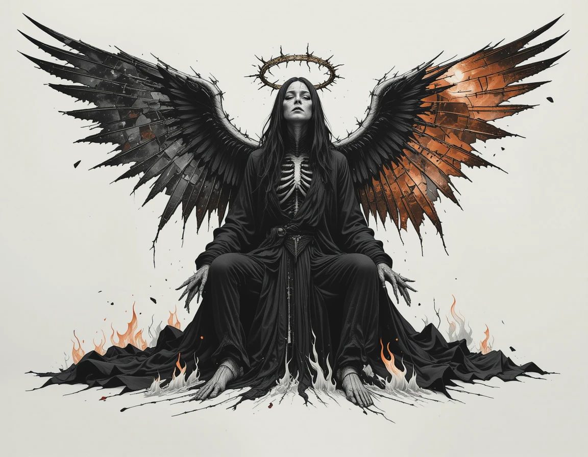 A haunting figure of a fallen angel with one wing of pure shadow and one of shattered glass, each fragment reflecting a twisted, fiery sky....