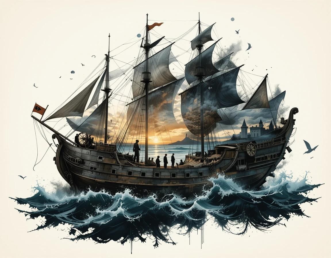 A surreal double exposure illustration of an old, weathered boat with intricate details, its hull cracked and worn from years at sea. Inside...