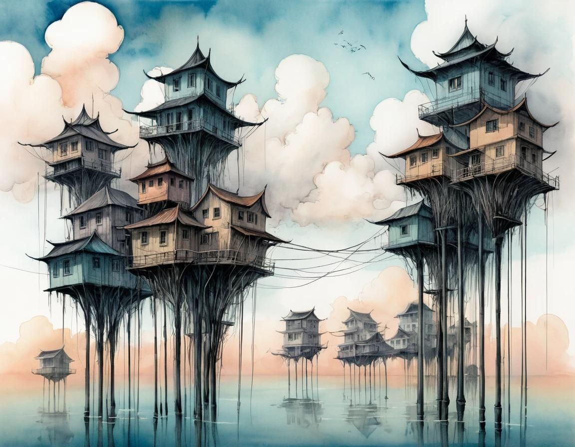 Cloud City on Stilts

"Ink sketching with exaggerated lines showing a city built on tall stilts, with buildings twisting upwards like reeds...