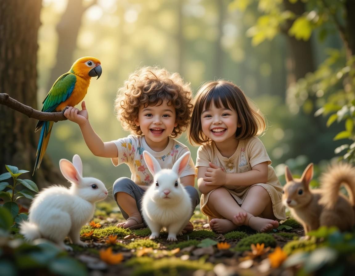 Cute Children and Animals in the Forest
"Create a photorealistic portrait featuring two children, one boy with curly hair and a girl with st...