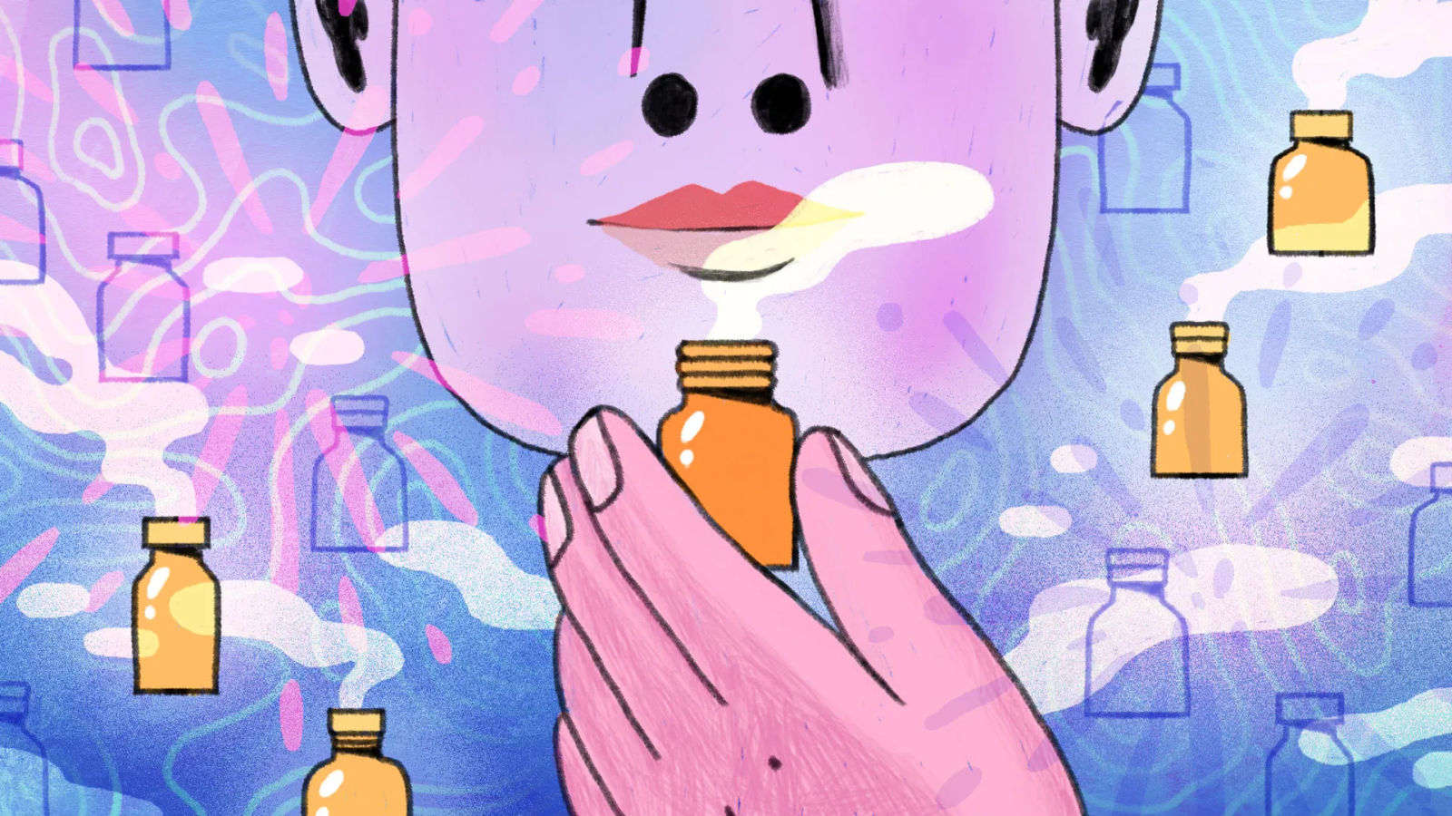 the breath – slow motion, vapour explodes from the vial, ripples his chest. Frame four: phone screen lights up, shows 05...