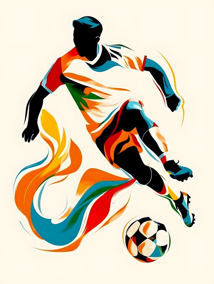 Create a high-resolution vector-style digital illustration of a dynamic male football (soccer) player mid-action, about to kick a ball. Use ...