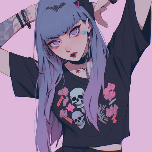 grunge style girl with crop top shirt, dark lipstick, tattoos putting hair in ponytail with purple hair
