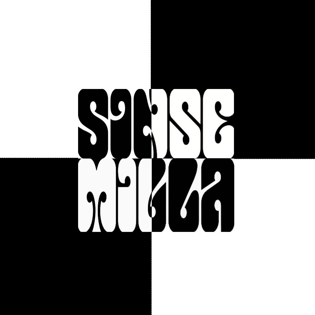 Psychedelic concept art. Medium shot. A logotype in the center with a triadic color scheme, surrounded by two white squares and two black sq...