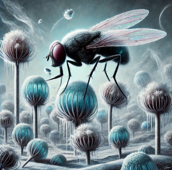 Fly eating frozen plants 