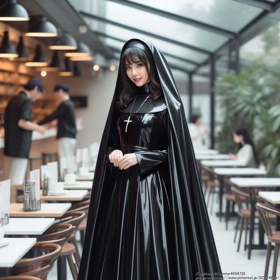 as asian vampire nun up ready to go on the town for a bite wearing Shiney leahter outfit adding Vampire Cape  eyes glow red as so do her lip...