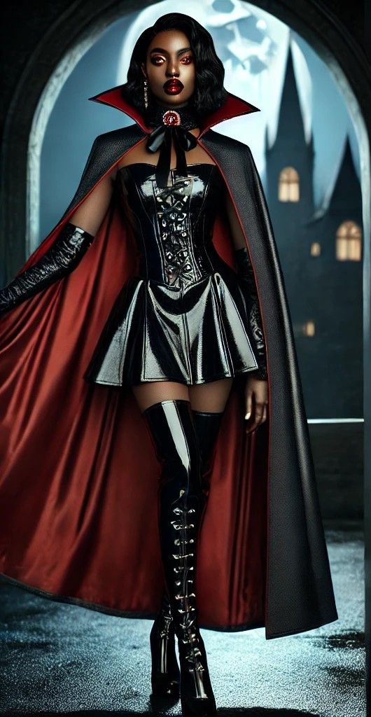 A Asian female vampire wearing Black patent leather outfit red eyes and lips, long nails like claws. A vampire cape with the collar up and m...