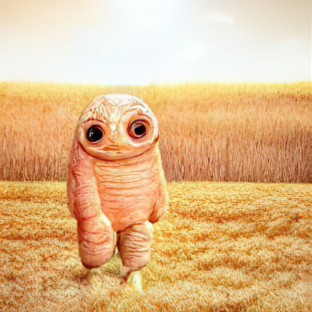 Sad skin monster standing in a field