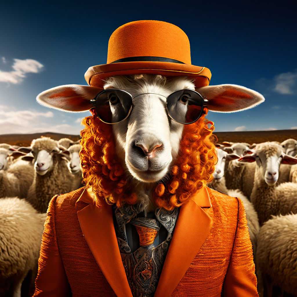 half-body headshot of a photo-realistic anthropomorphic sheep standing in front of a herd of sheep, He has orange dreadlocks and is wearing...
