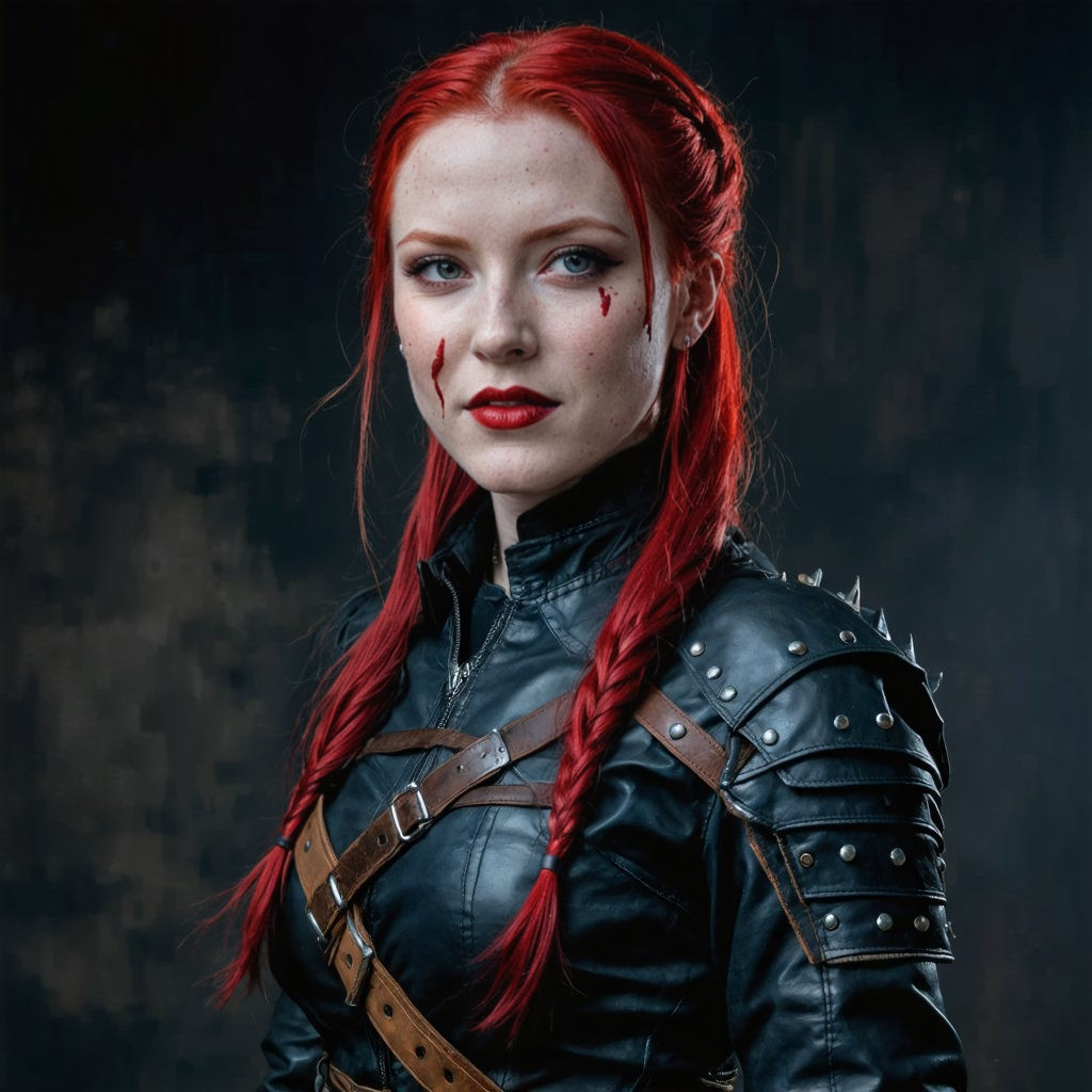 A tall woman with dark blood red hair, loose waves cascading over her shoulders and icy blue eyes, pale Scottish skin, subtle scars. Standin... - Start Image 1