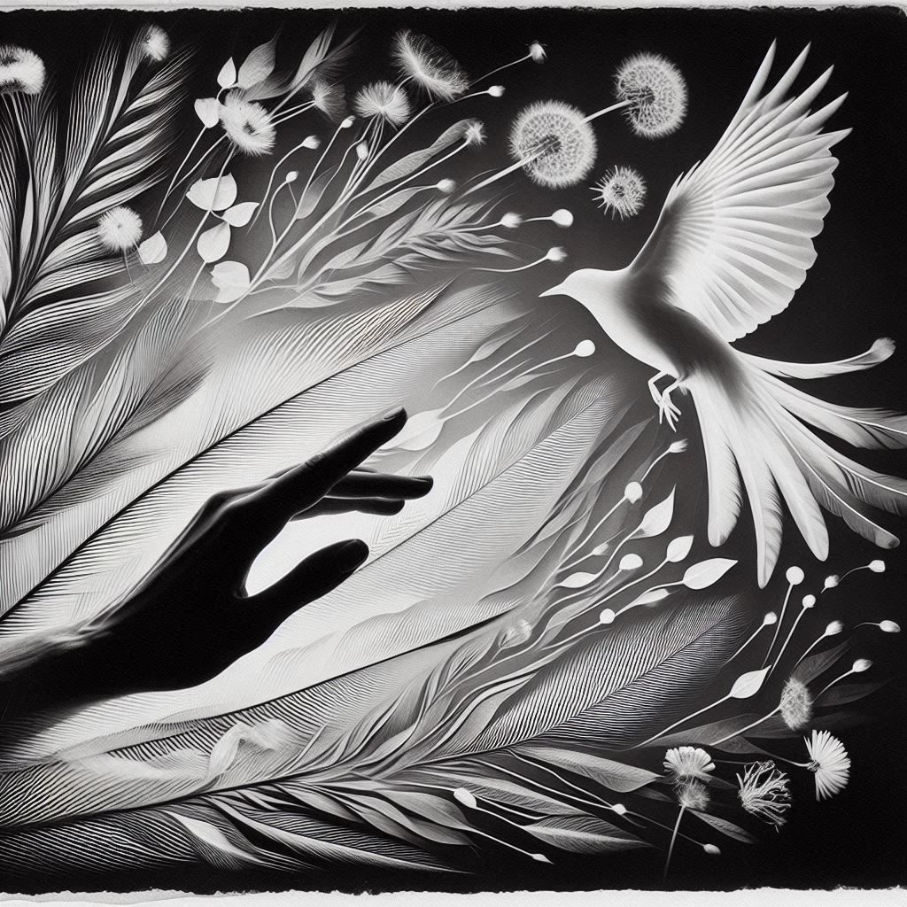 <lora:Sketch It 2:1.0> <lora:Graphic Simplicity:1.0> <lora:BW Sketch:1.0> <lora:Bird In Hand:1.0>  black and white, mystical and poetic drea...