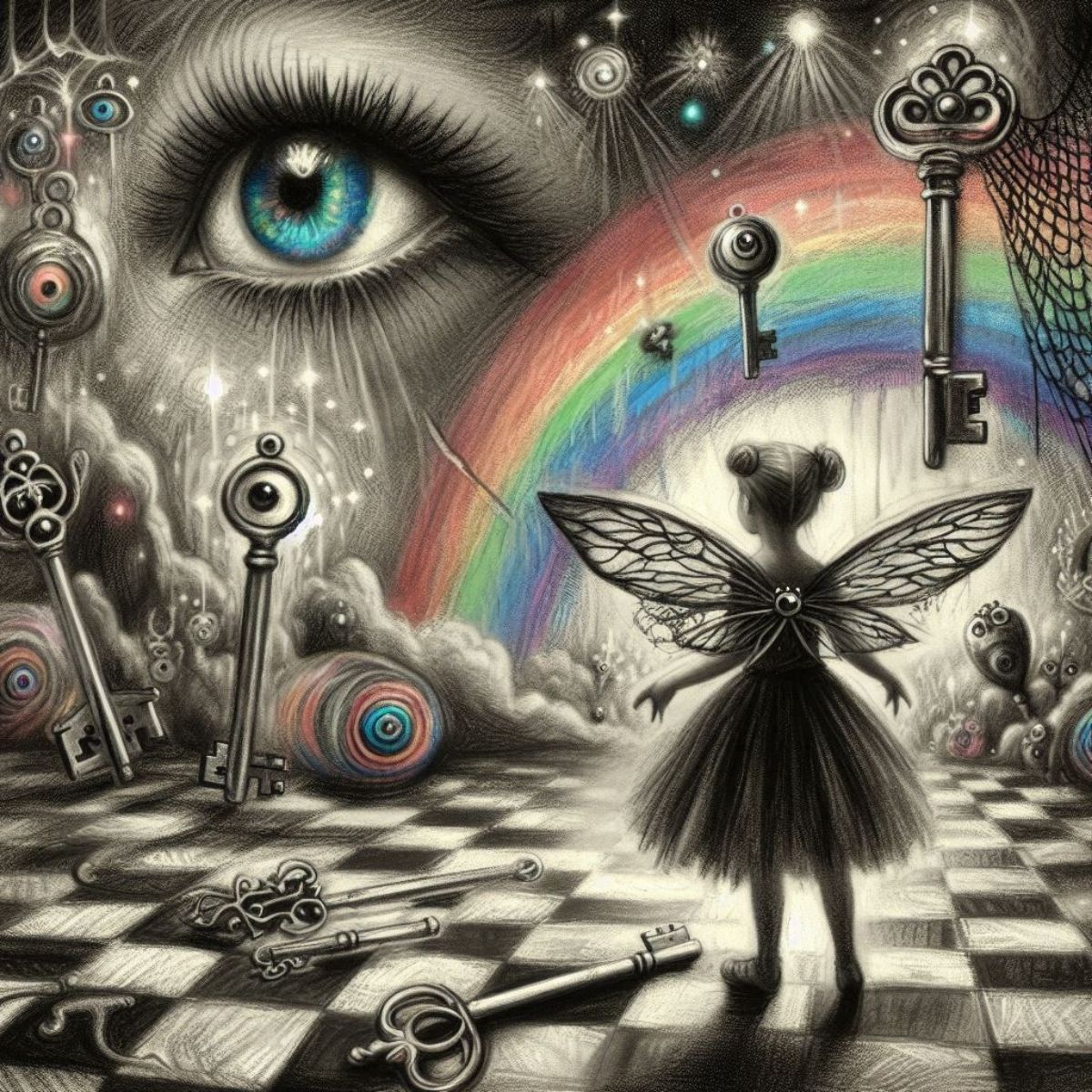 Crayon drawings ,surreal  friendly celtic knotwork  raven bird silhouette  , child's drawing , rayograph Man Ray collection of random b&W o...