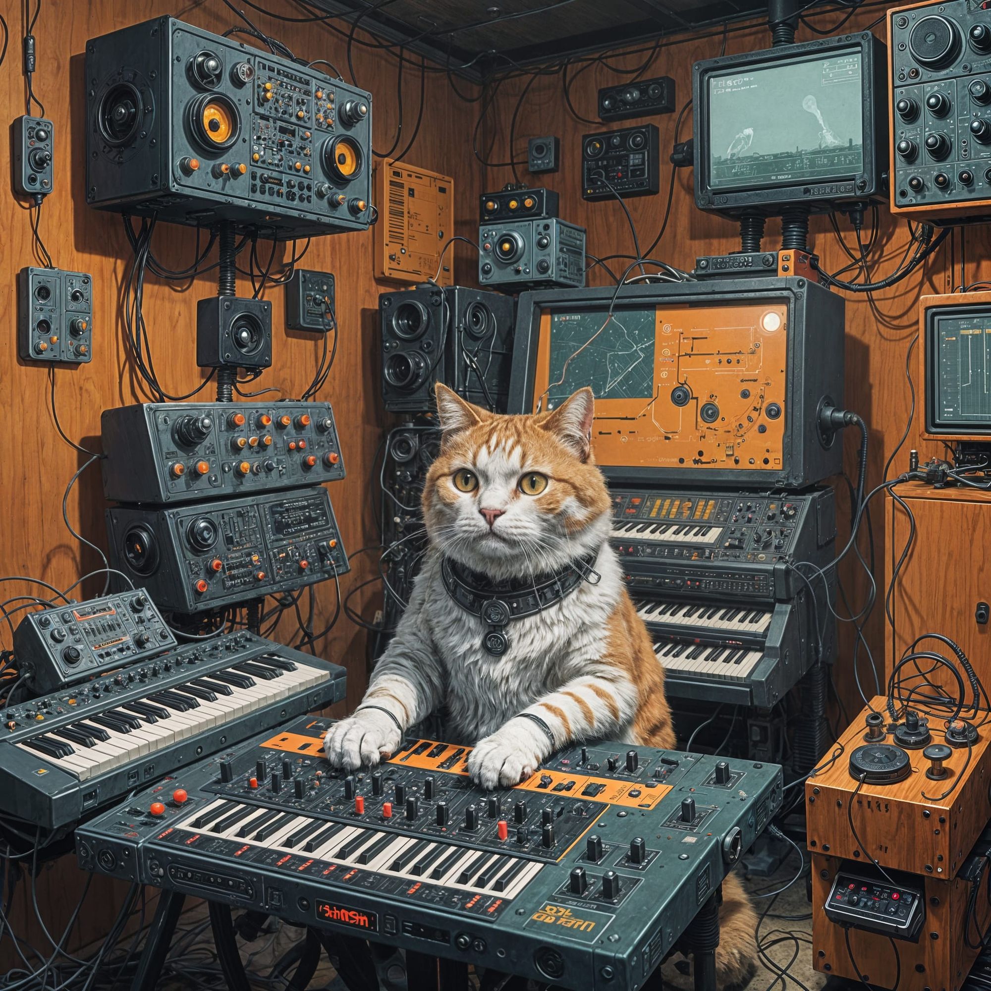 Robot Giant Cat plays a synth Simon Stålenhag spooky