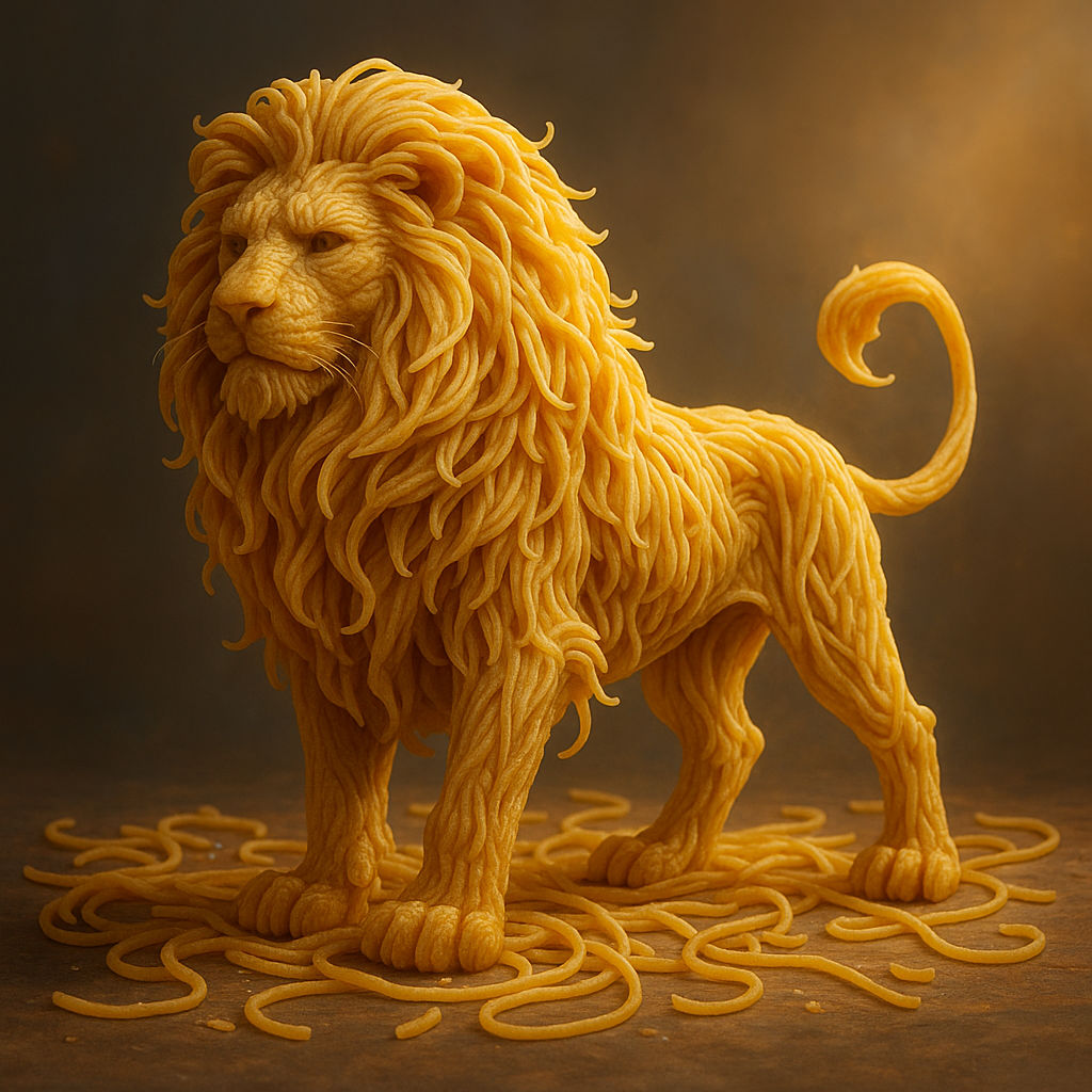 spaghetti strands undulating across lion’s body, mane flowing, tail swaying, mouth opening with roaring motion, roaring ...