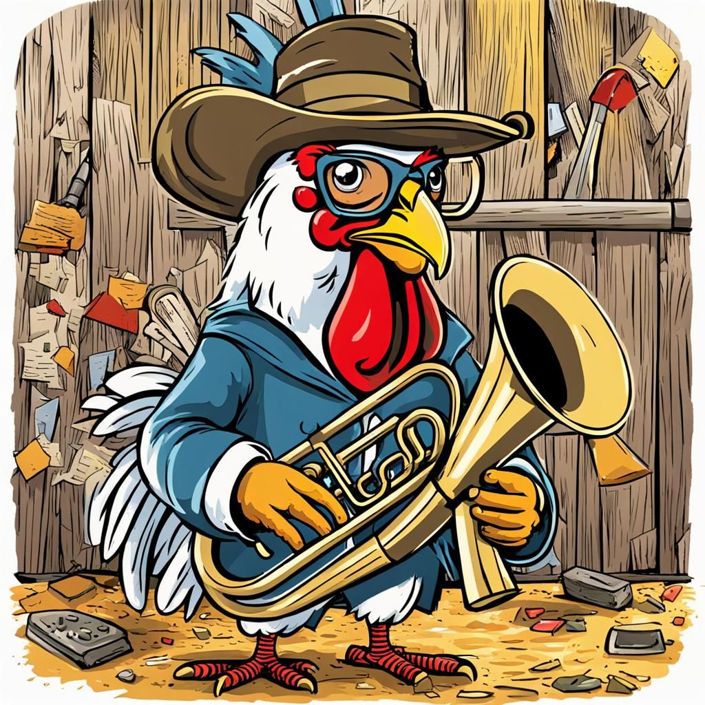 PIXAR STYLE CHICKEN PLAYING THE TUBA WEARING A WESTERN HAT AND SUNGLASSES