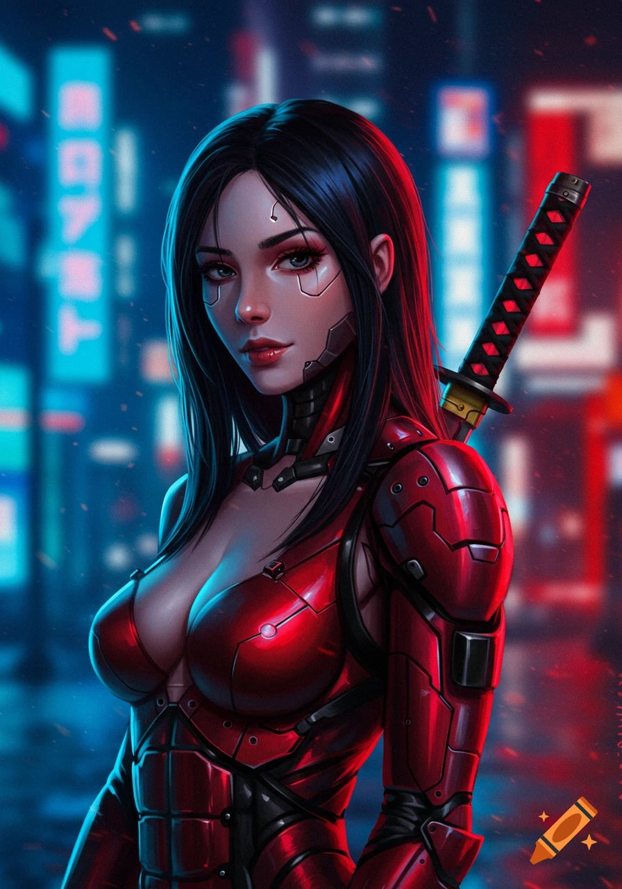 CYBERPUNK ANIME WOMAN. BEAUTIFUL FACE. LOOKING AT CAMERA. RED AND BLACK ANATOMICALLY CORRECT BODY ARMOR. KATANA SWORD ON HER BACK. LONG BLACK HAIR. SEDUCTIVE. 