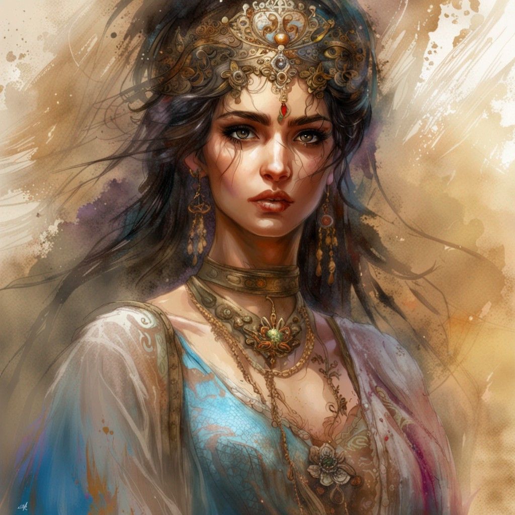 beautiful princess from middle east, Royo intricately detailed hyperdetailed Splash art