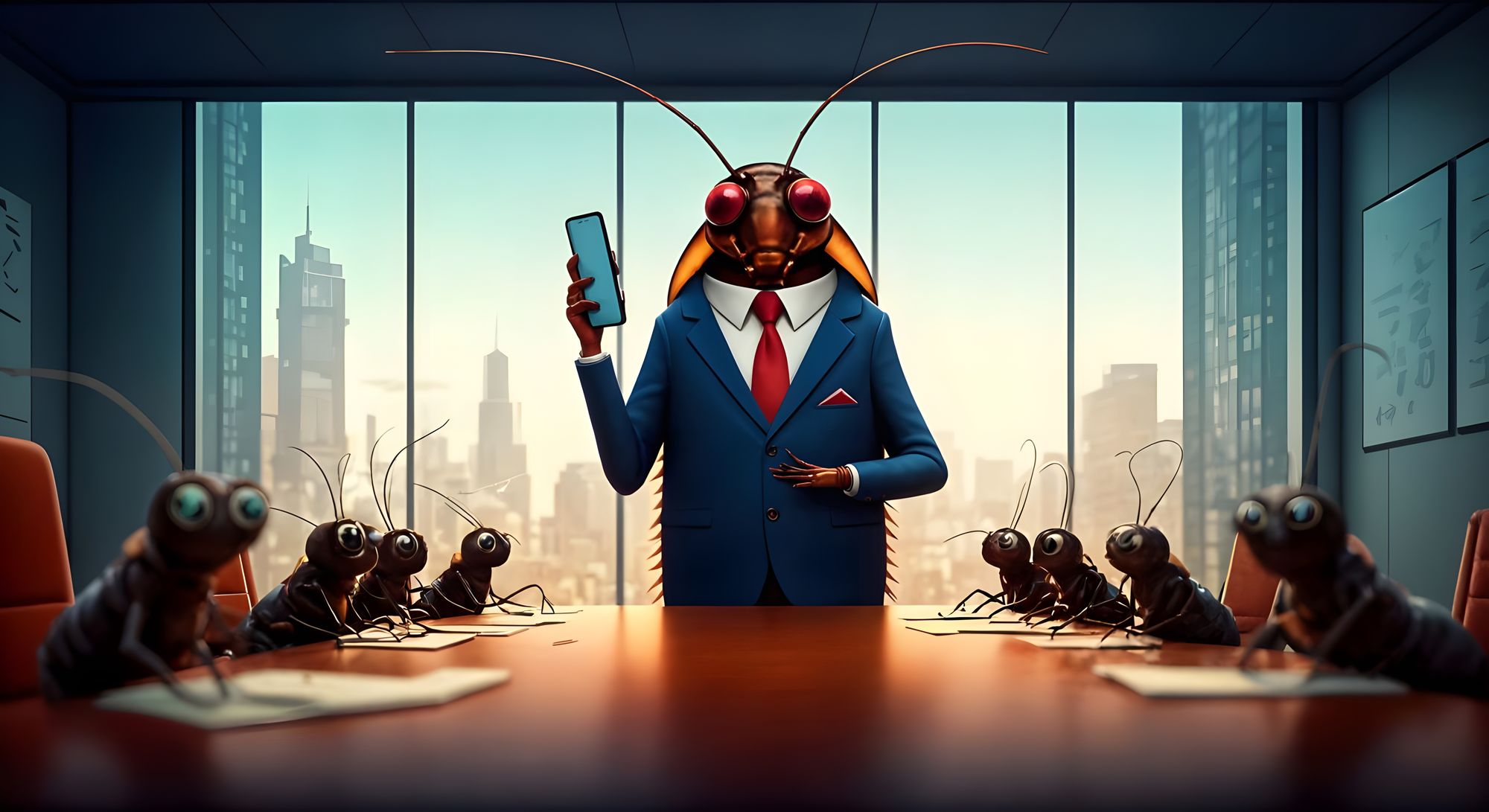 In a dimly lit insect boardroom, a well-dressed silent cockroach stands motionless on a glass podium, its glossy exoskeleton glistening unde...