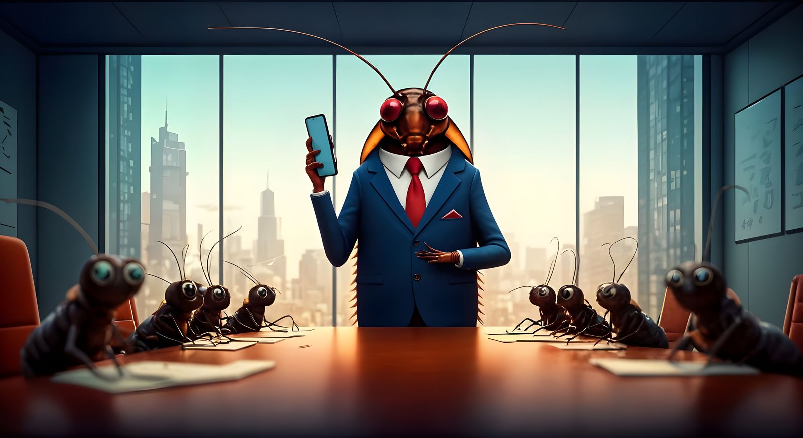 In a dimly lit insect boardroom, a well-dressed silent cockroach stands motionless on a glass podium, its glossy exoskel...