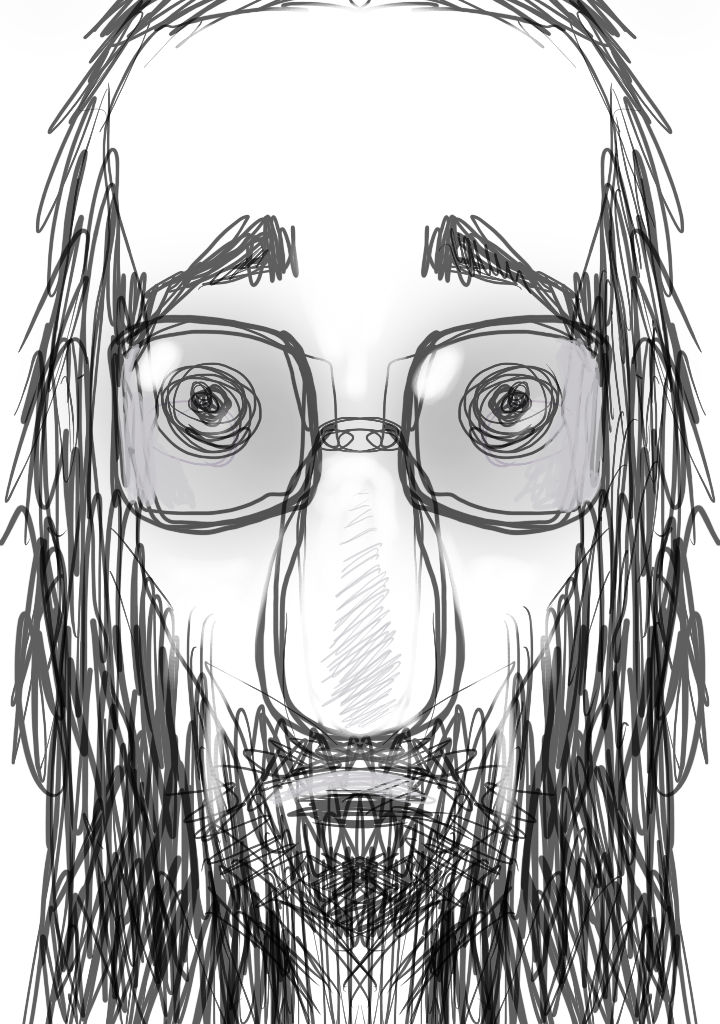 Hyper Realistic Caricature of a mzn, wearing glasses, long thin hair, beard, worry