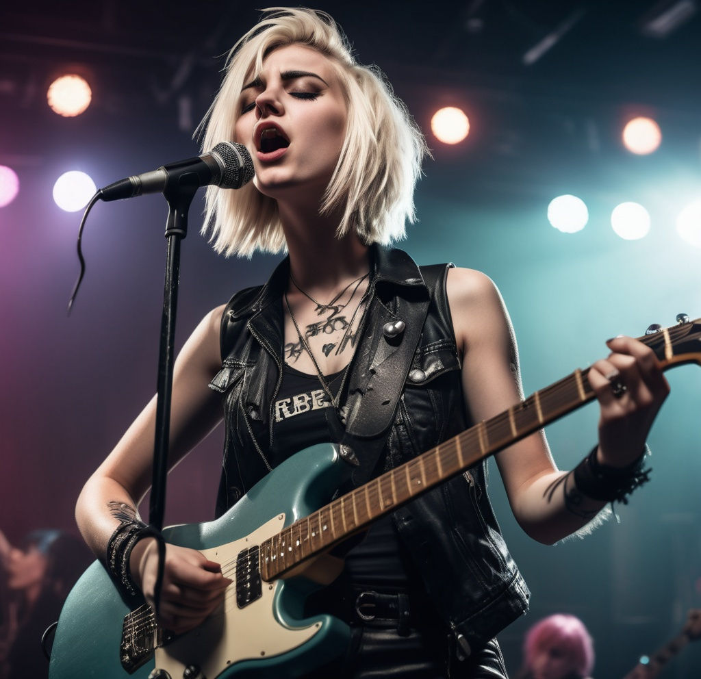 Platinum blonde emo punk girl playing her guitar and singing into a microphone on a mic stand 