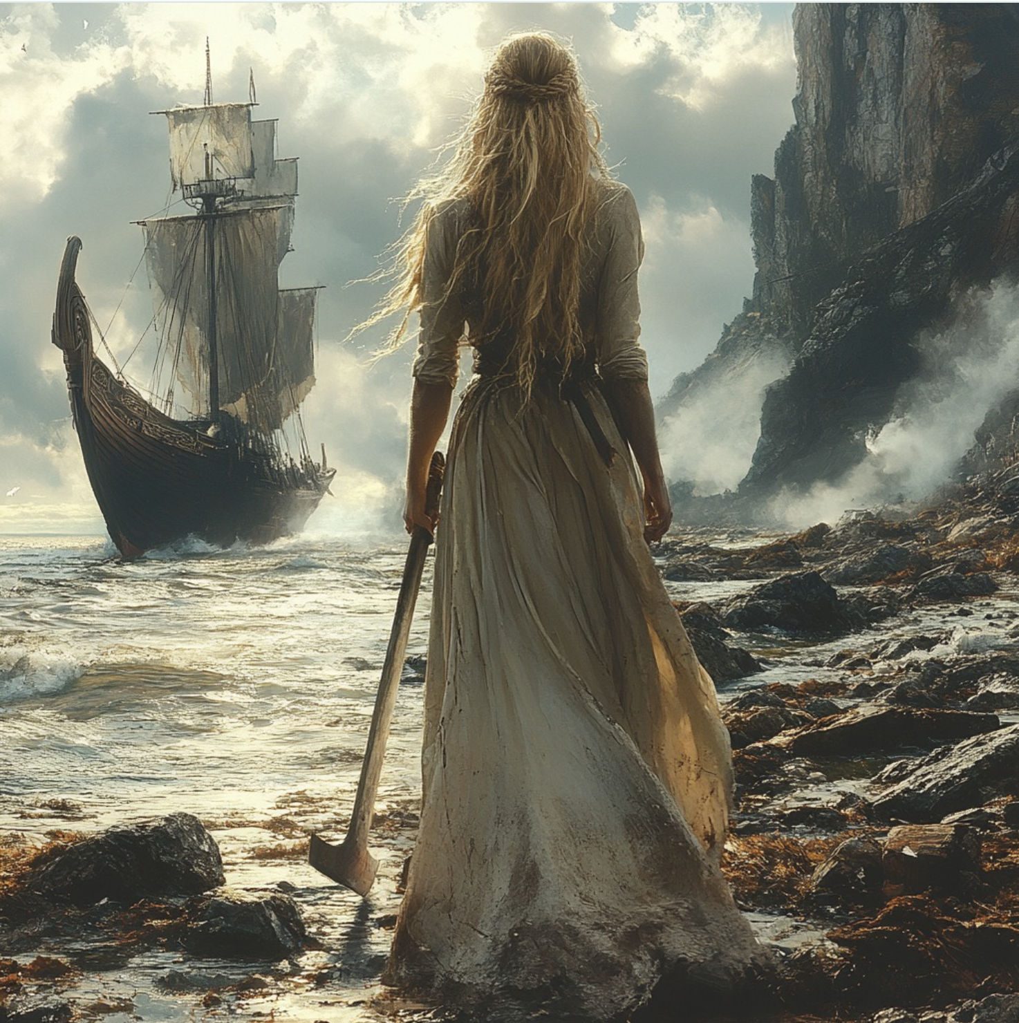 Nordic mythology, a ship at sea with rough waters, a maiden awaits the arrival standing on the beach holding double axe, runes and sand