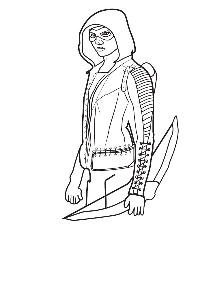 un superheroe parecido a robin hood donde el traje sea de color amarillo azul y rojo, que tenga arco y flechas, donde este haciendo pose de...