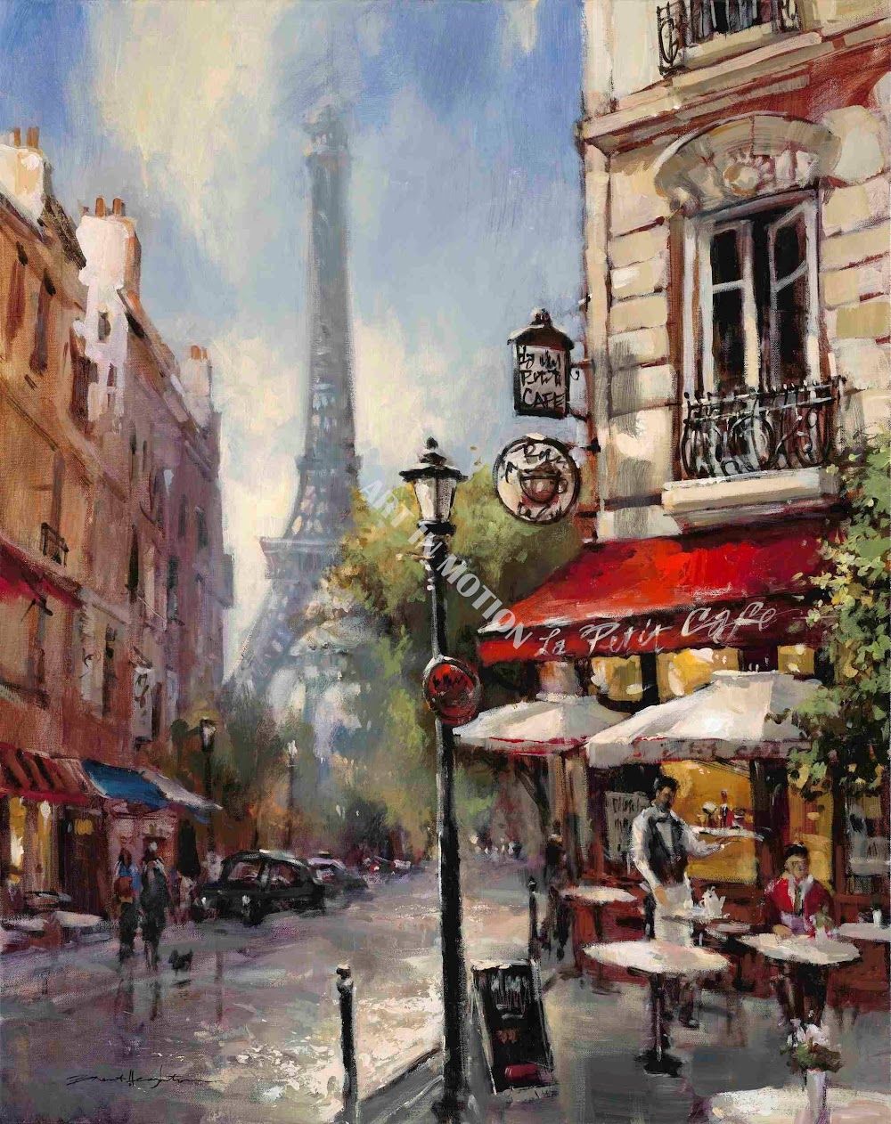 Parisian street scene with the Eiffel Tower in the hazy background. 