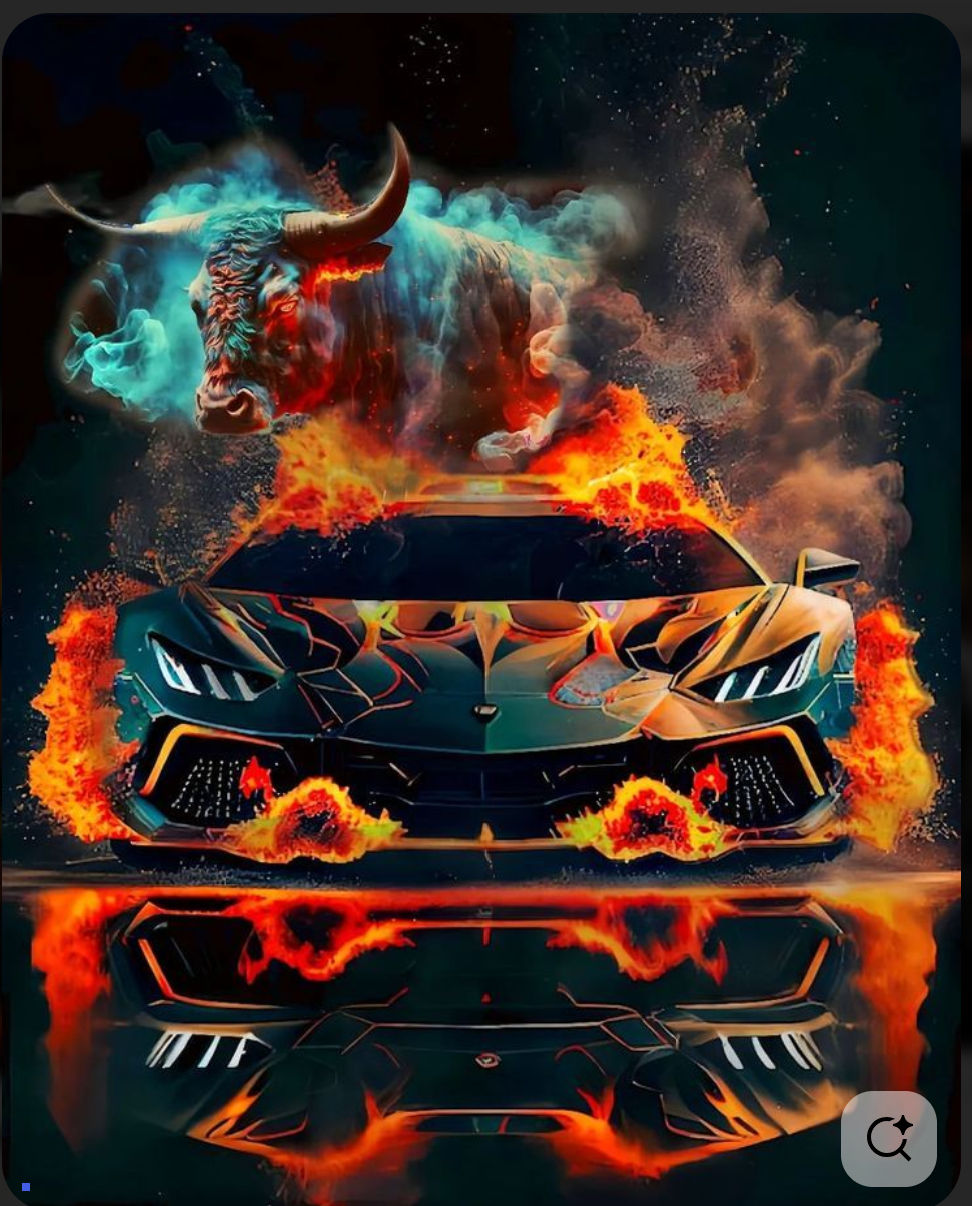 A hyper-detailed Lamborghini front view, blazing with flames bursting from its wheels and body, reflecting below on a glossy black surface. ...