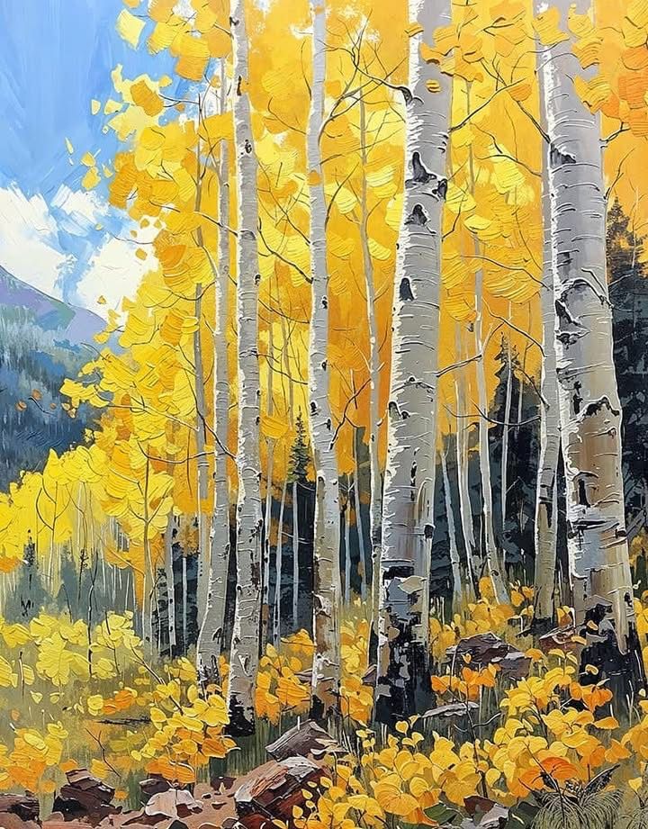 Bright autumn forest filled with tall white-barked aspen trees. 