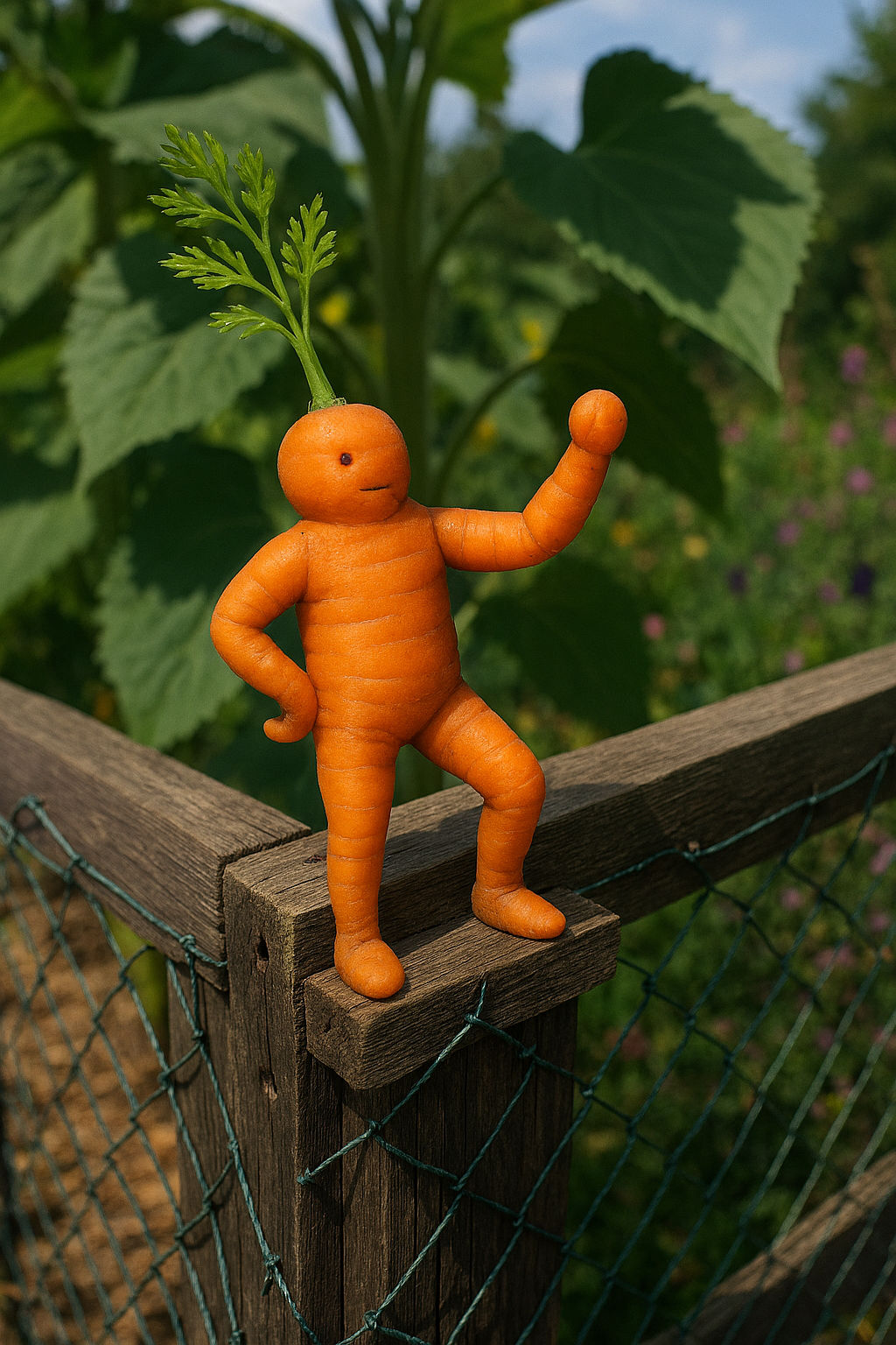 <lora:Gummy World:1.0> A carrot person walking on top of a fence 