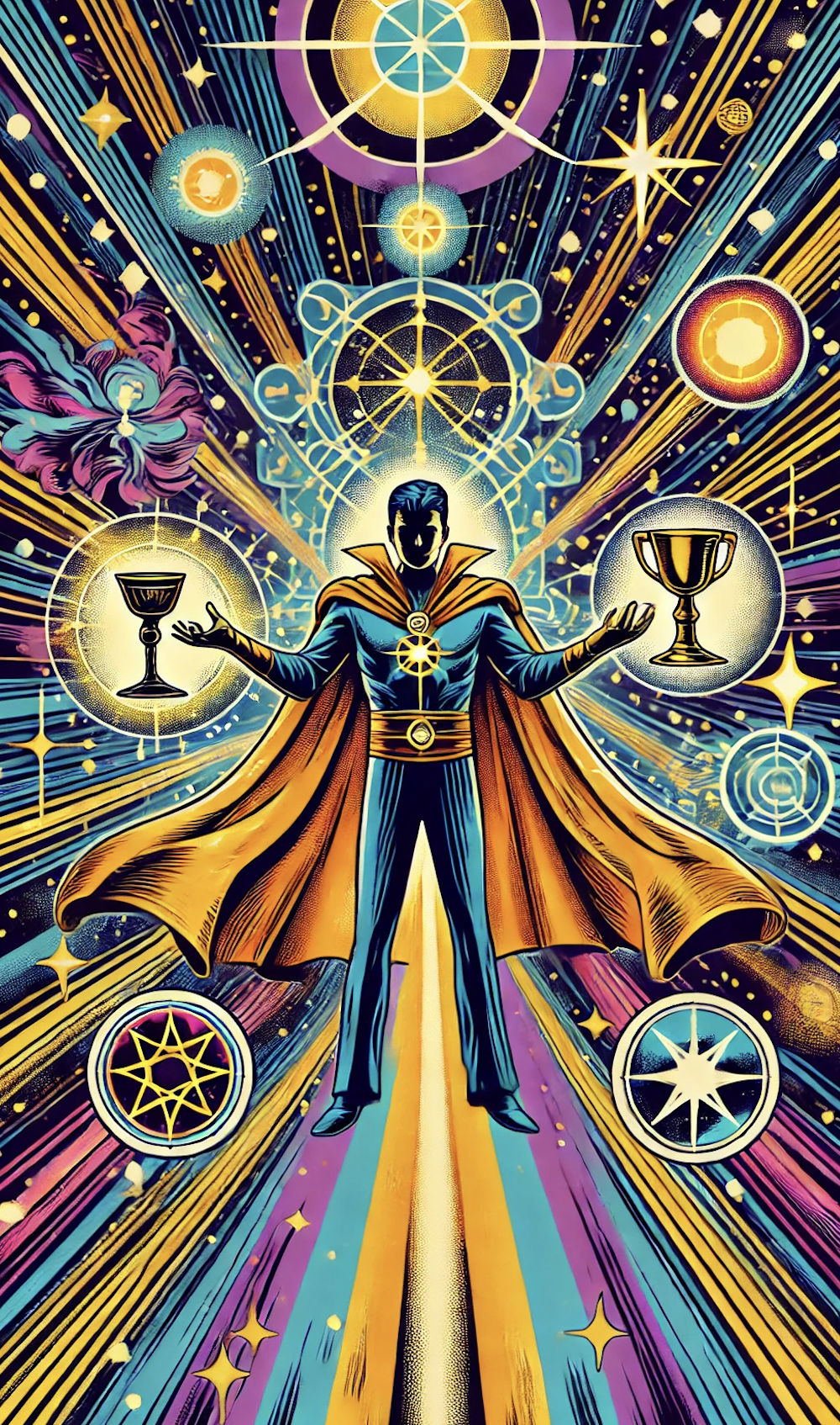 A cosmic scientist manipulating glowing, swirling energy with their hands, intricate energy lines and geometric patterns radiating outward,...