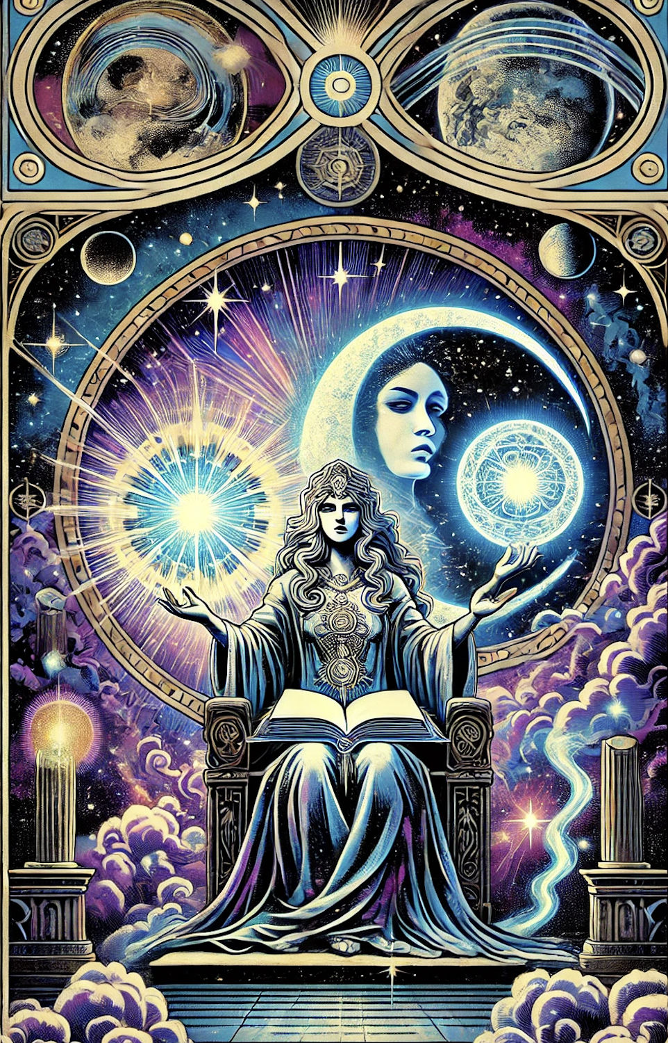 The High Priestess seated between two towering cosmic pillars, one glowing white and the other dark, representing duality and hidden knowled...
