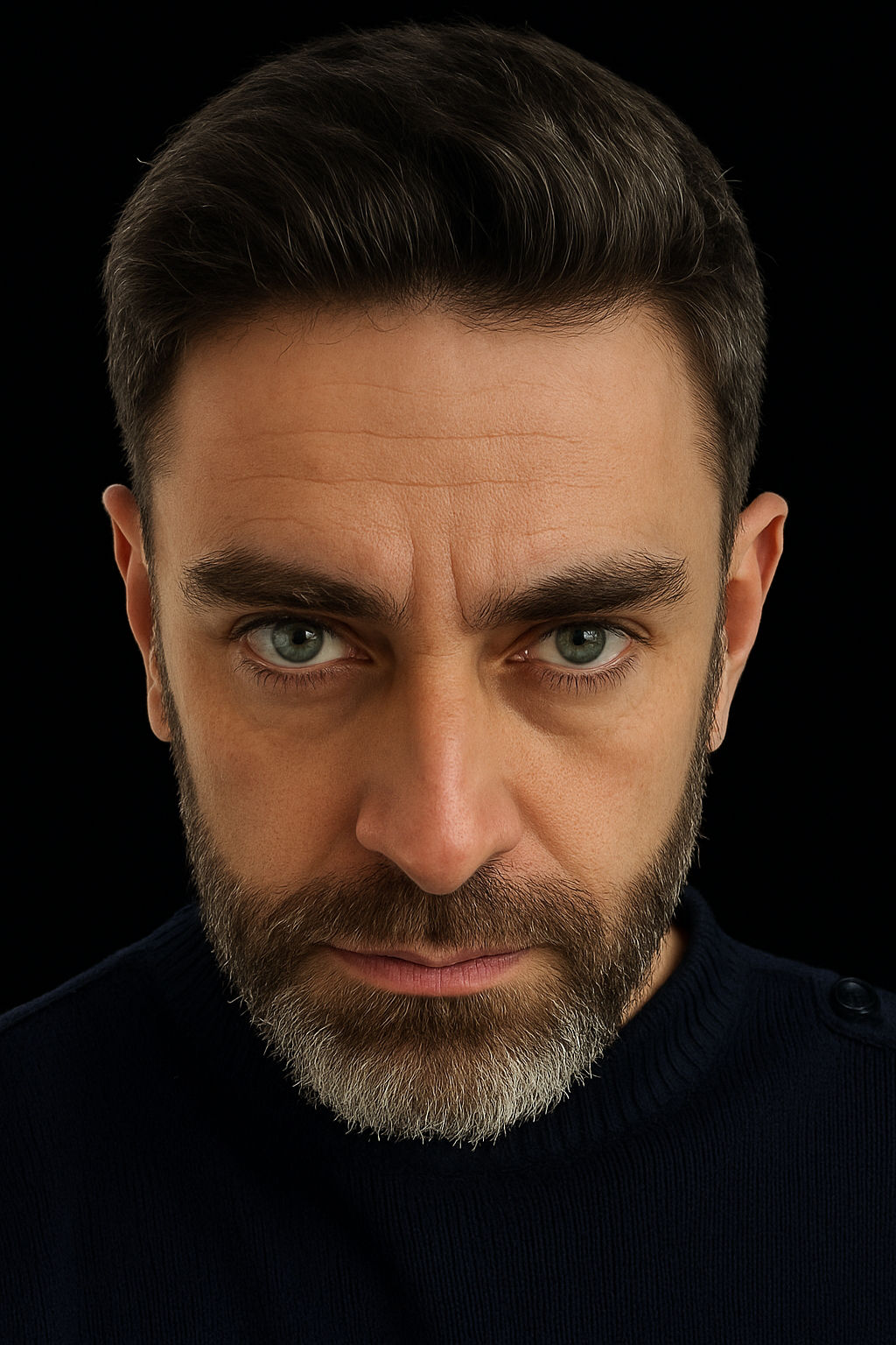 take this face and hair picture and texture it  as basalt dark old dusty stone coming out of dark scene in light vapes lightened by a very v...