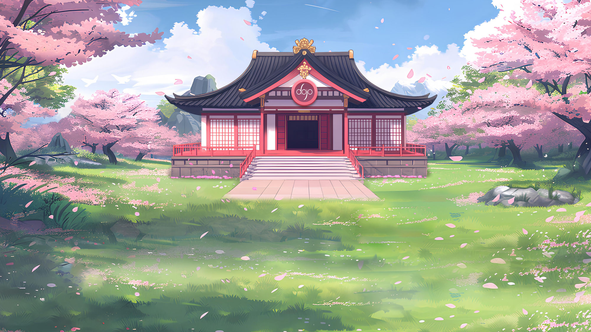 A traditional Japanese-style building with a light red and white exterior stands in the middle of a peaceful cherry blossom garden. Surround...