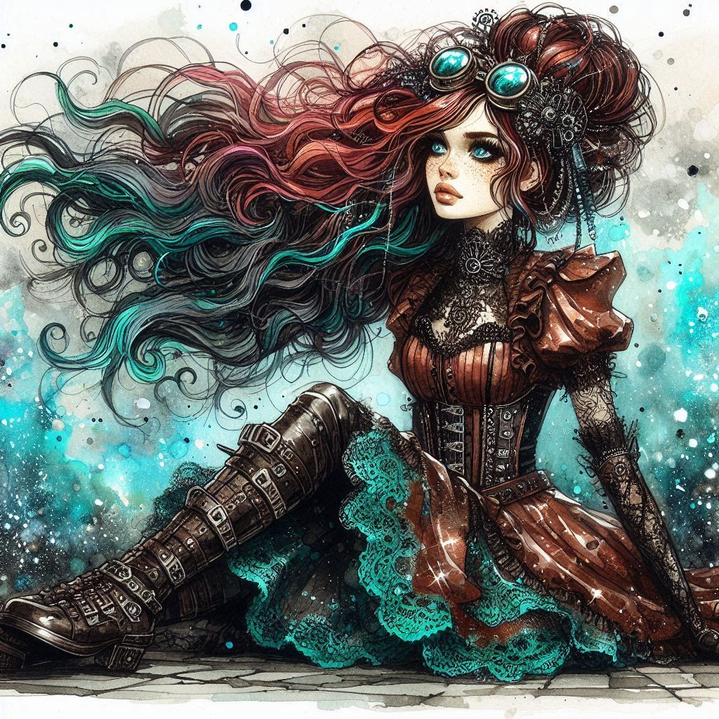 Steampunk portrait. Medium shot. A pretty steampunk girl with long flamboyant wispy red and black hair in an undone bun sits on the ground....