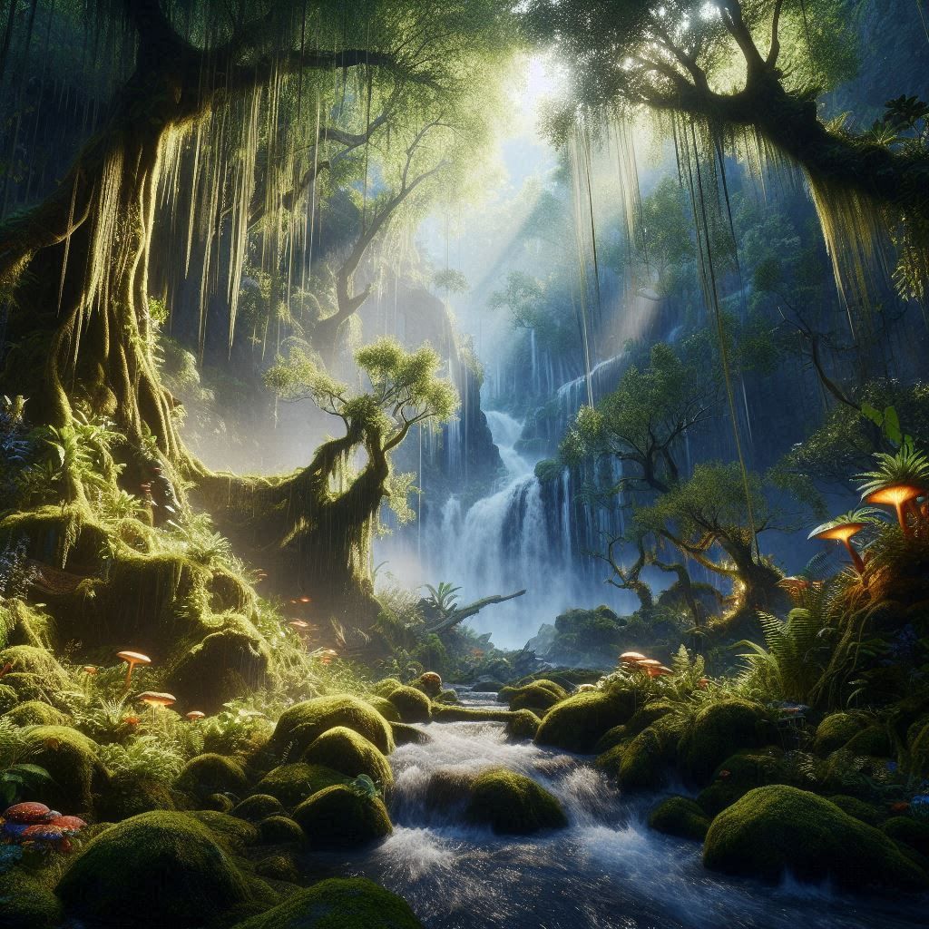 A Hidden Forest Sanctuary*A mystical forest, hidden behind a waterfall, teeming with life and ancient magic. Low angle shot. 3D Game Cinemat...