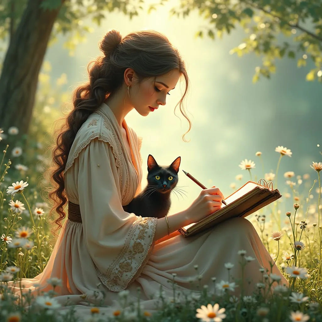 cat pounces and bites pencil - woman looks startled