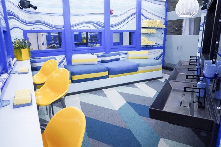 Colorful Cow print themed Bathroom lounge and vanity inside The Big Brother House 