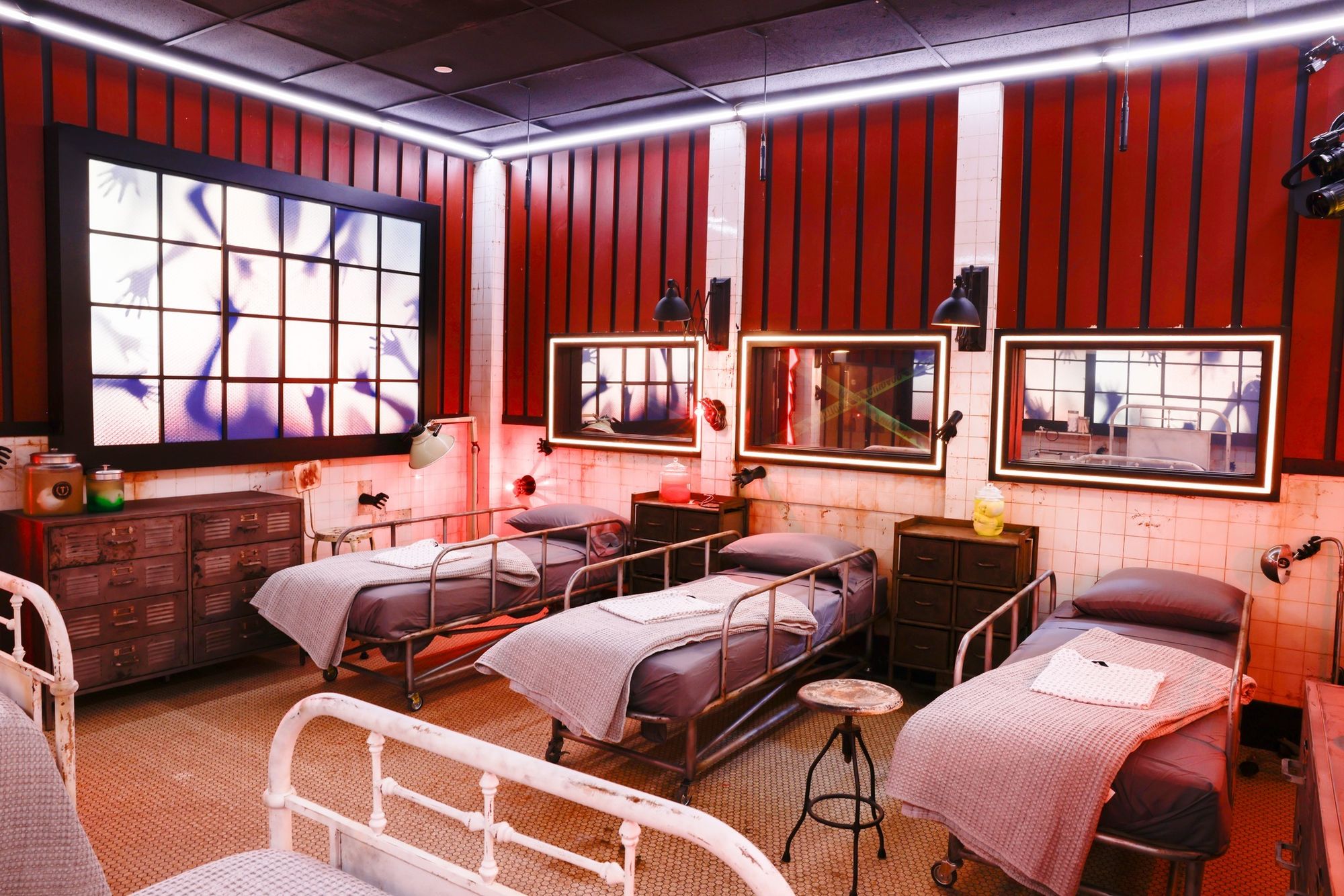 Crazy Clown inspired Big Brother Bedroom with five beds and a scary clown design 