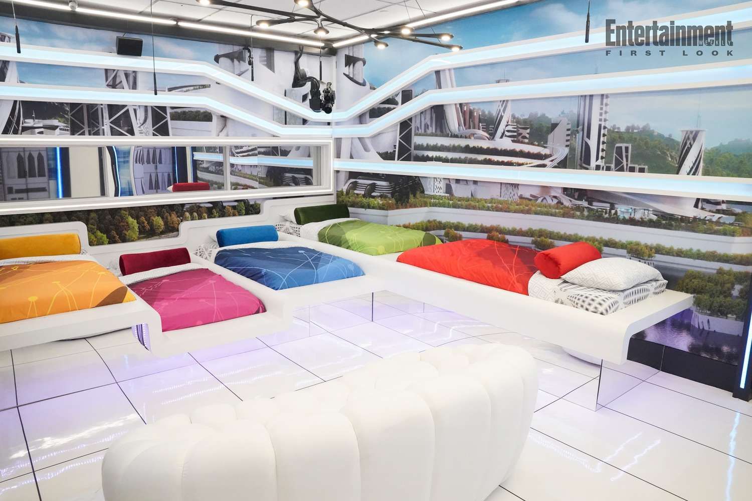 Ancient Egyptian Pyramid themed Bedroom, four twin beds depicting sarcophagus surrounding a center stone table. Big Brother Bedroom 