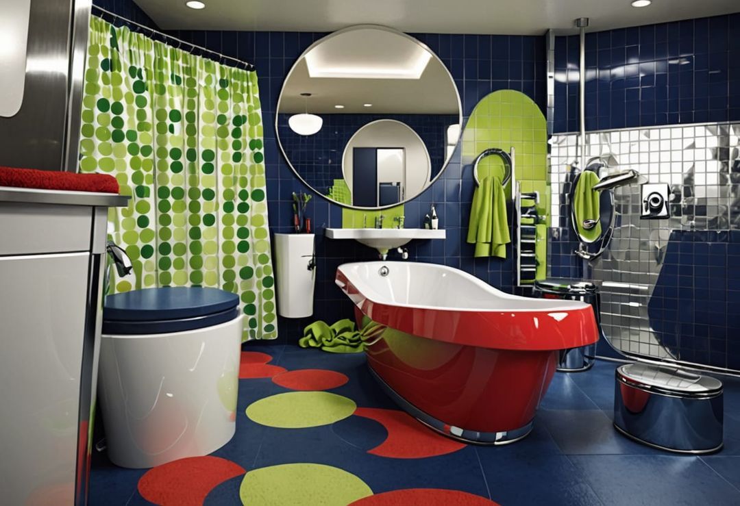 Hyper Realistic Master Bath Suite underground no windows Bright LED Panels, Chrome fair theme, scrambler attraction, moving theme, black Glo...