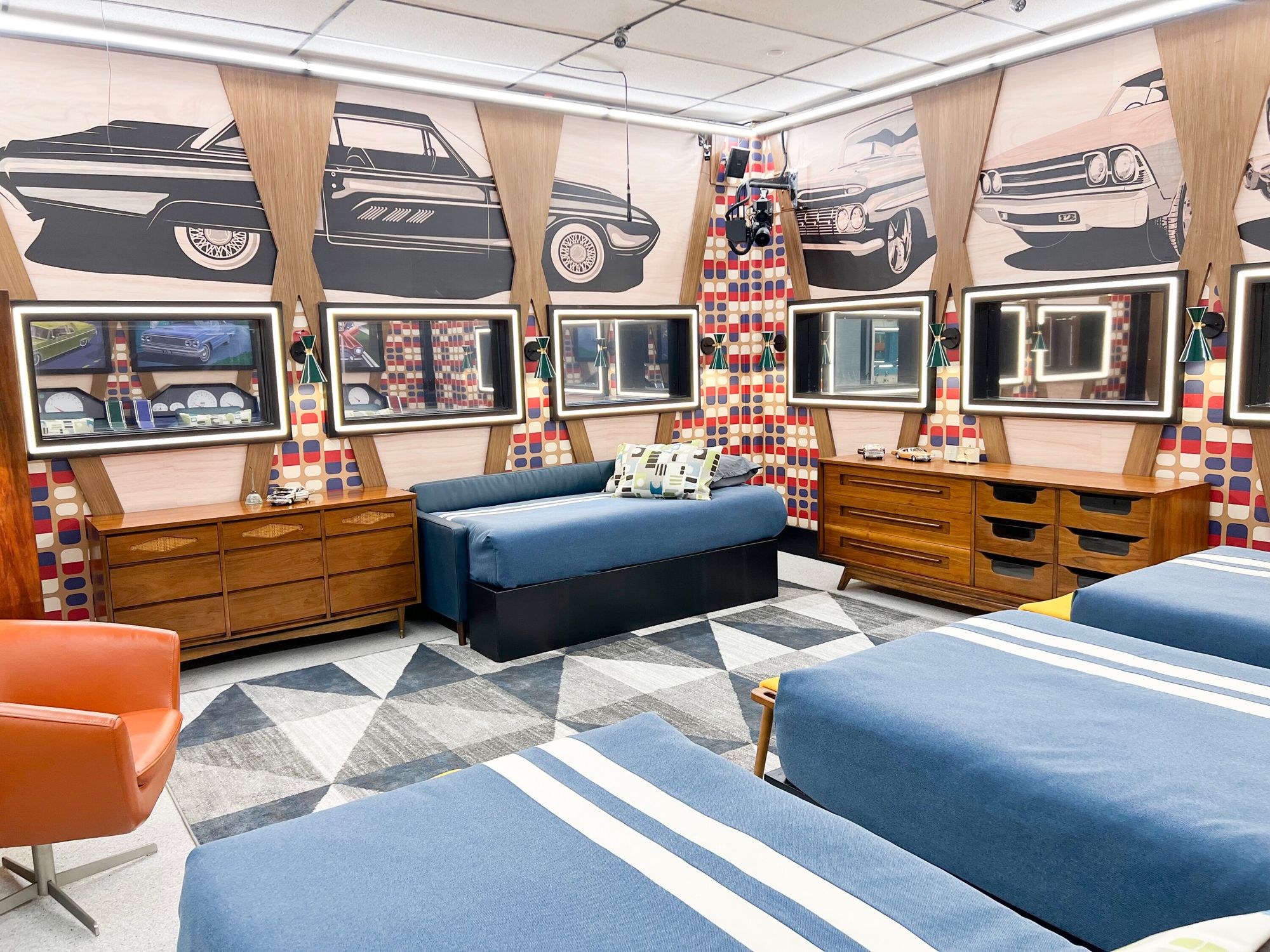  inside big brother house; 1980s.theme, beautiful bedroom of a comfortable and fun colorful 80s geometric pattern aesthetic