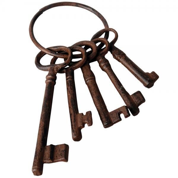 Horror A key ring with lots of old horror keys hanging on a nail