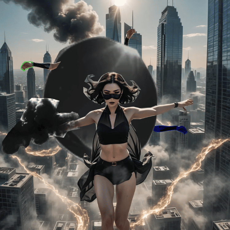 pale women, midriff showing, skin legs, Black shimmering attentive eyes, black hero eyemask, short black flowing hair, floating down in air,...